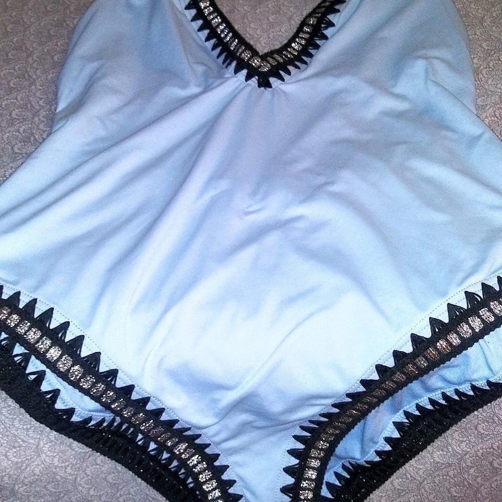 Sexy Silver Stunning Plunging Pale Blue One Piece Suit w/Silver Embroidery